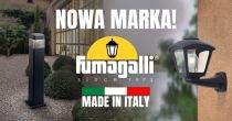 Grafika promująca nową markę Fumagalli – włoskie oświetlenie zewnętrzne. Przedstawia słupek ogrodowy oraz kinkiet ścienny z dopiskiem Made in Italy.