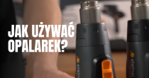 Dwie opalarki marki Steinel ustawione pionowo na tle warsztatowym, z dużym białym napisem po lewej stronie: „Jak używać opalarek?”.