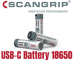Zestaw trzech akumulatorów Scangrip 18650 Infinity Power z wbudowanym portem ładowania USB-C.