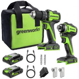 24V zestaw narzędzi Greenworks CK321 wkrętarka, zakrętarka, ładowarka, 2x aku 2Ah, futerał - zdjęcie 1